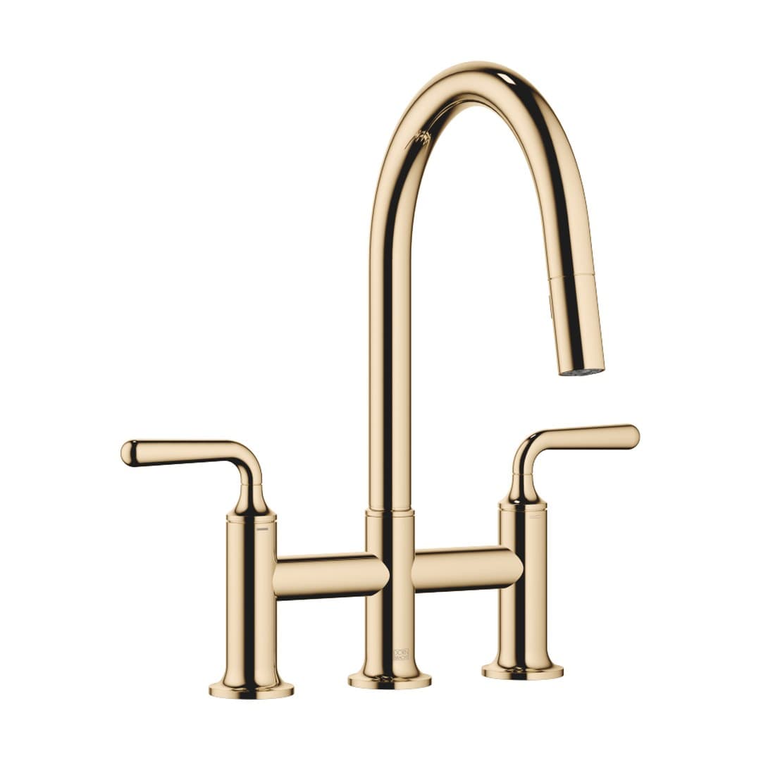 Dornbracht VAIA – Μπαταρία Κουζίνας – Three-hole bridge mixer Pull-down with spray function – Durabrass (23kt Gold) (19870809-09)