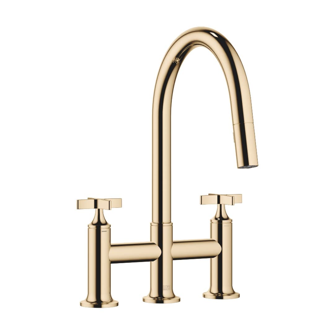 Dornbracht VAIA – Μπαταρία Κουζίνας – Three-hole bridge mixer Pull-down with spray function – Durabrass (23kt Gold) (19875809-09)