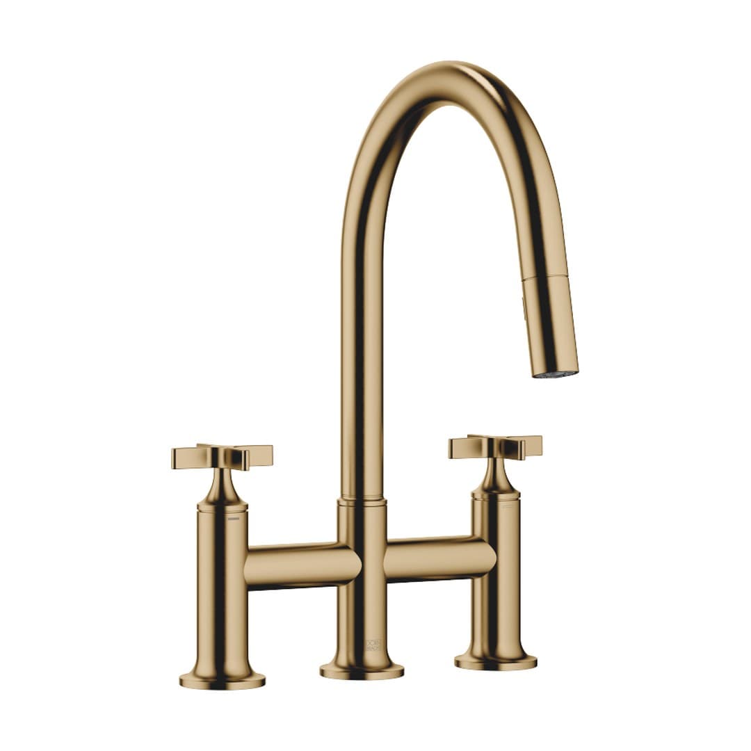 Dornbracht VAIA – Μπαταρία Κουζίνας – Three-hole bridge mixer Pull-down with spray function – Brushed Dark Brass (PVD) (19875809-39)