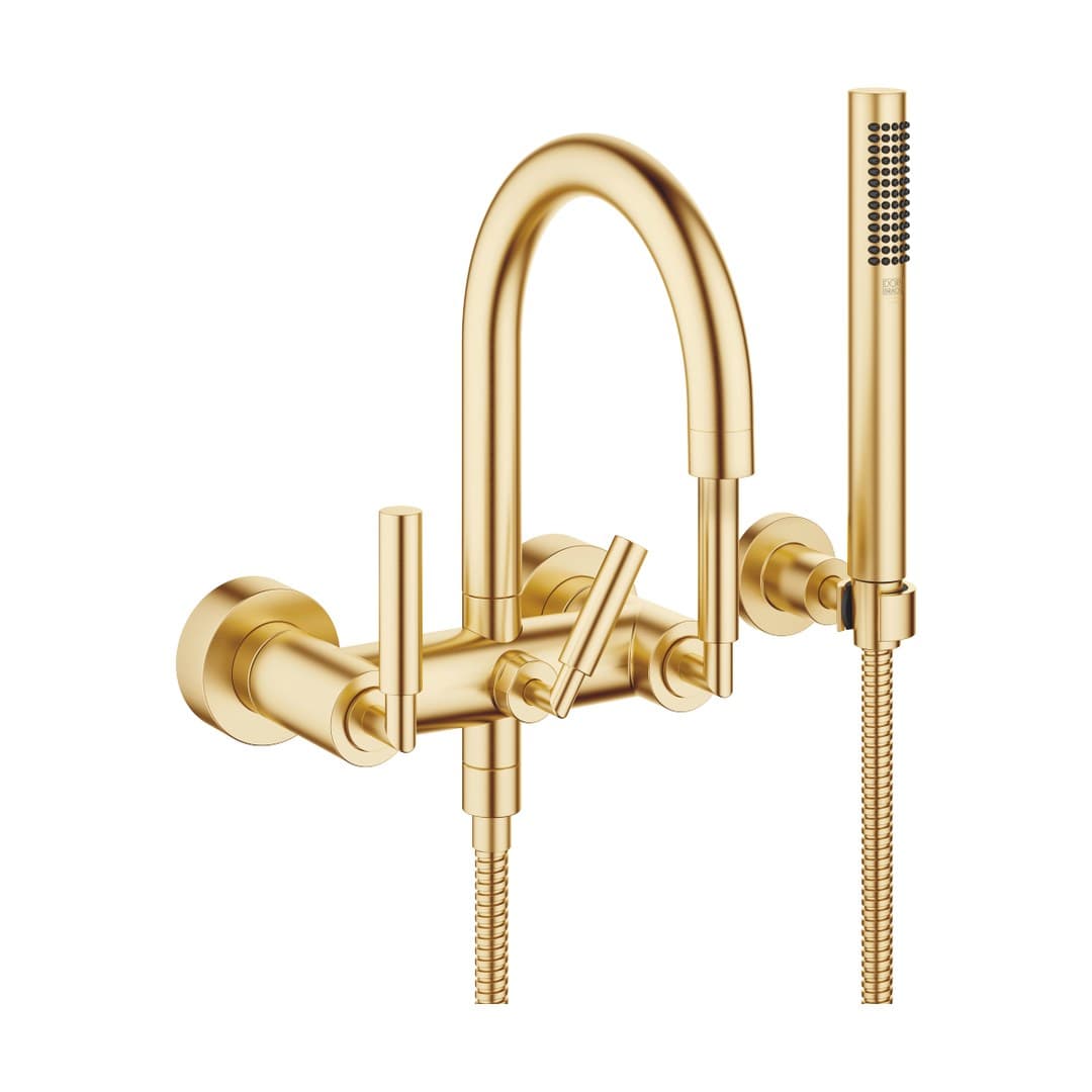 Dornbracht Tara – Μπαταρία Λουτρού Τοίχου – Bath mixer for wall mounting with hand shower set – Brushed Durabrass (23kt Gold) (25133882-28)