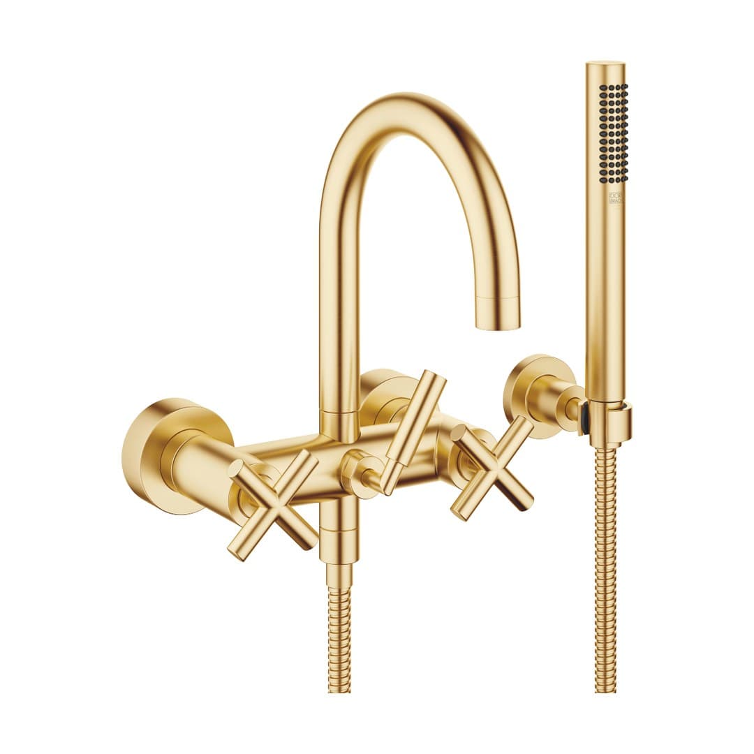 Dornbracht Tara – Μπαταρία Λουτρού Τοίχου – Bath mixer for wall mounting with hand shower set – Brushed Durabrass (23kt Gold) (25133892-28)