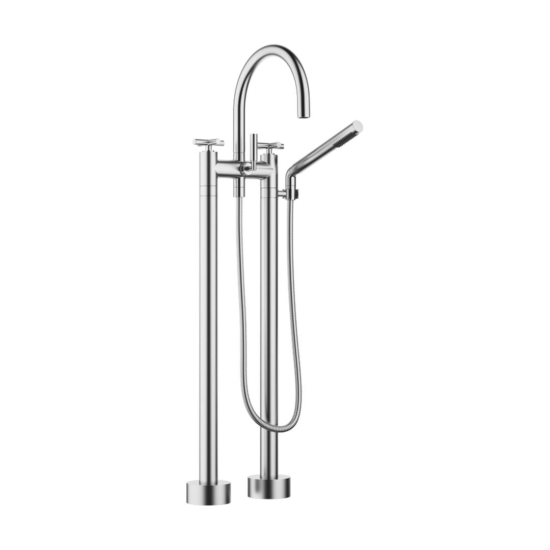 Dornbracht Tara – Μπαταρία Λουτρού Δαπέδου – Two-hole bath mixer for free-standing assembly with hand shower set – Brushed Chrome (25943892-93)