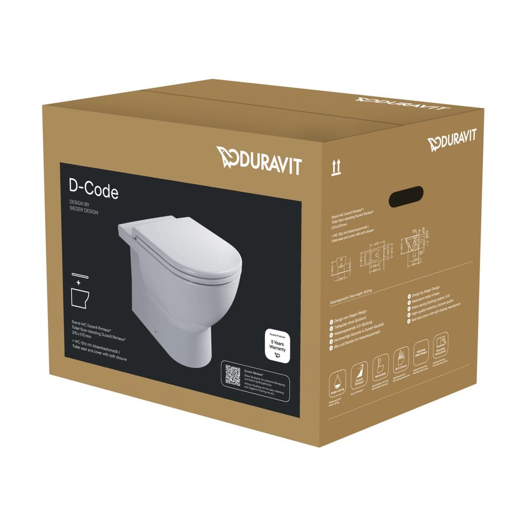 Duravit D-Code – Λεκάνη Δαπέδου – 370×570 mm, Rimless, σετ με κάθισμα – White High Gloss (40370900A1)