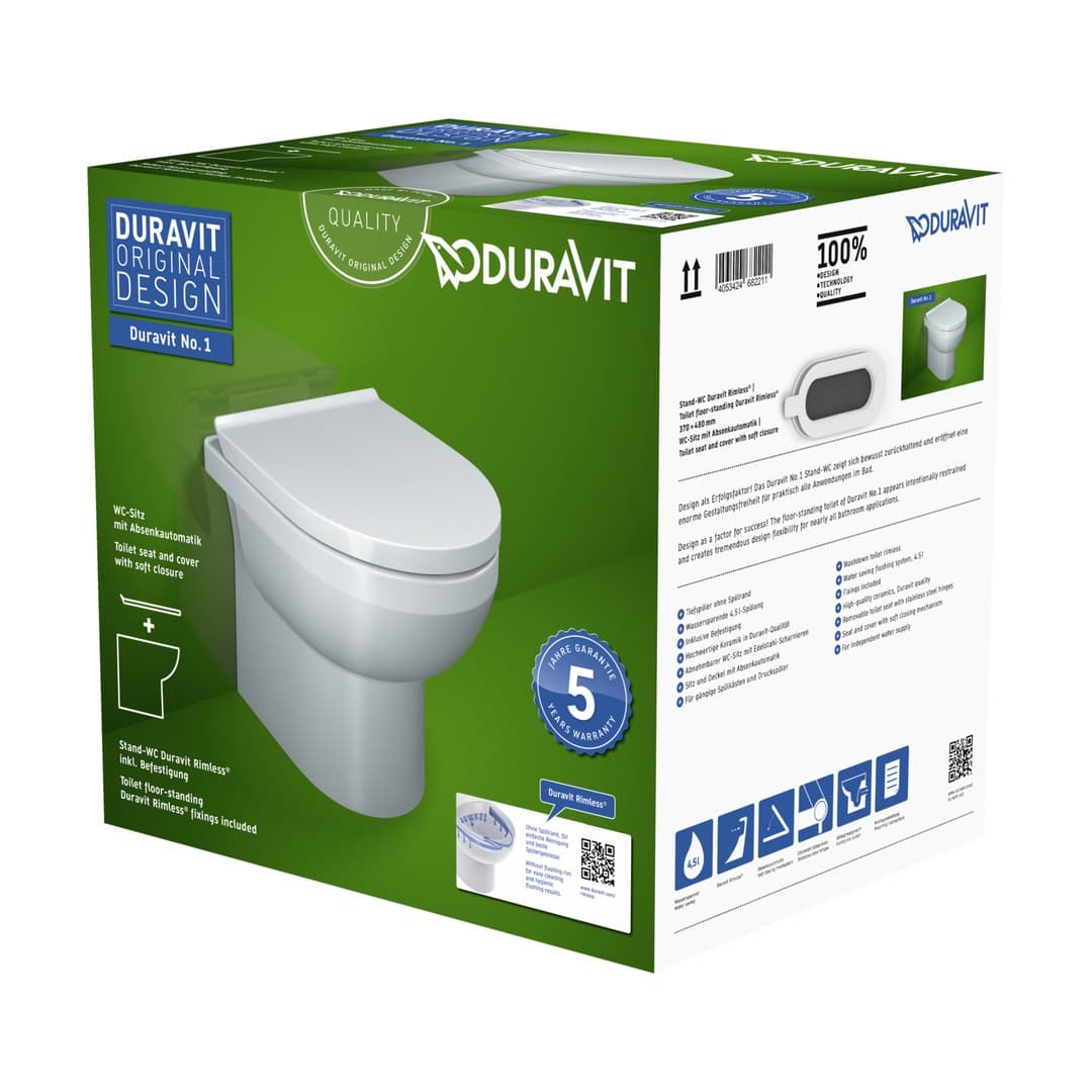 Duravit Duravit No.1 – Λεκάνη Δαπέδου – 370×480 mm, Rimless, σετ με κάθισμα – White High Gloss (41840900A1)