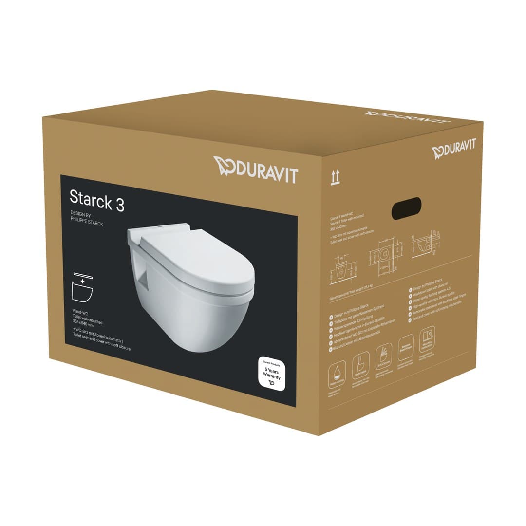 Duravit Starck 3 – Λεκάνη Κρεμαστή – 370×540 mm, σετ με κάθισμα – White High Gloss (42000900A1)