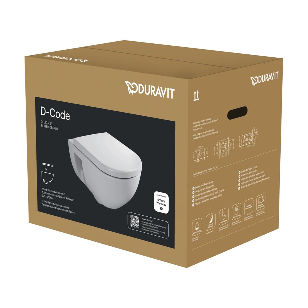Duravit D-Code – Λεκάνη Κρεμαστή – 370×570 mm, Rimless, σετ με κάθισμα – White High Gloss (45140900A1)