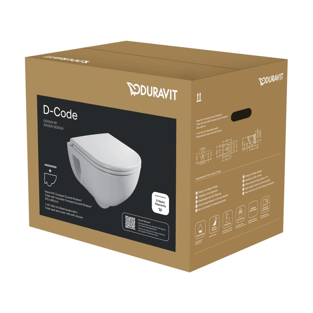 Duravit D-Code – Λεκάνη Κρεμαστή – 370×480 mm, Rimless, σετ με κάθισμα – White High Gloss (45150900A1)