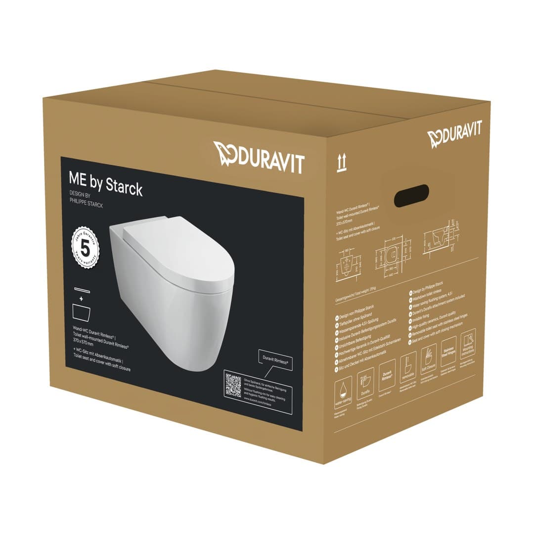 Duravit ME by Starck – Λεκάνη Κρεμαστή – 374×570 mm, Rimless, σετ με κάθισμα – White High Gloss, DuraShield (452909AAA1)