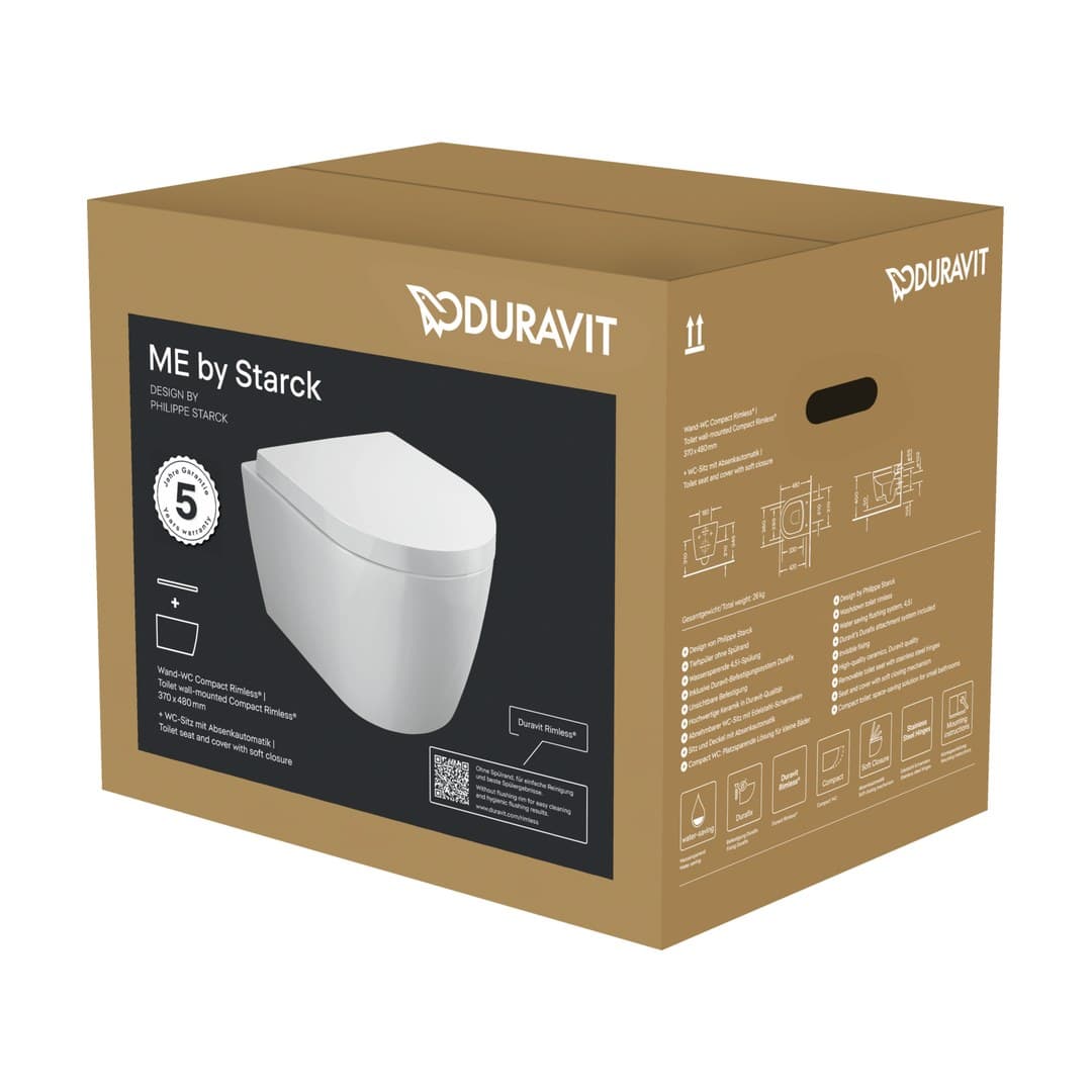 Duravit ME by Starck – Λεκάνη Κρεμαστή – 370×480 mm, Rimless, σετ με κάθισμα – White High Gloss, DuraShield (453009AAA1)