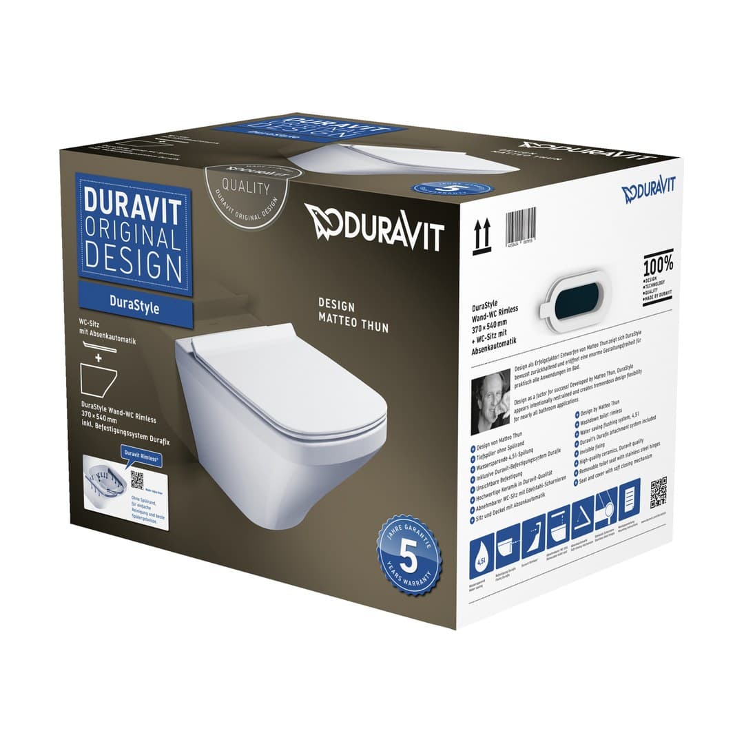 Duravit DuraStyle – Λεκάνη Κρεμαστή – 373×540 mm, Rimless, σετ με κάθισμα – White High Gloss (45510900A1)