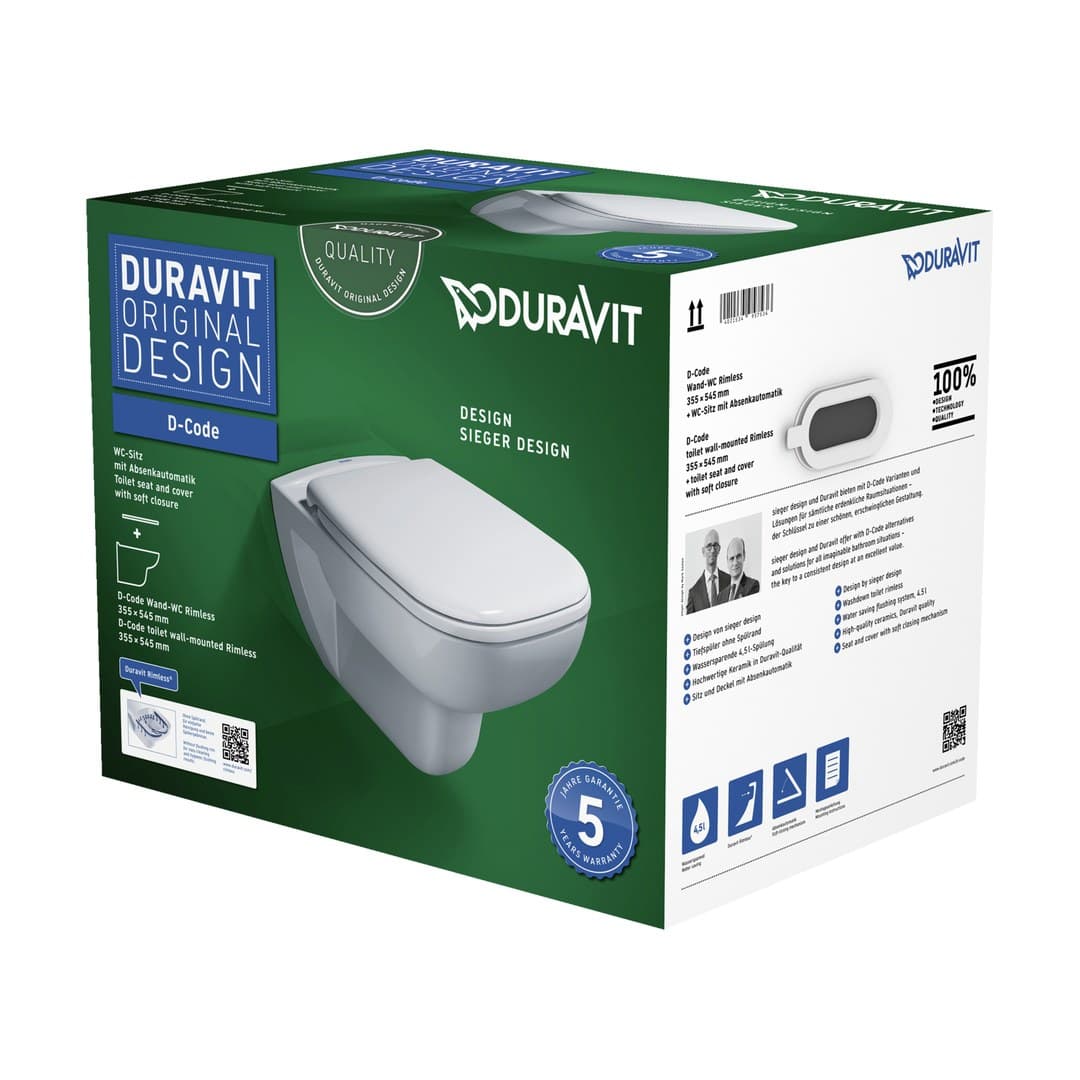 Duravit D-Code – Λεκάνη Κρεμαστή – 359×545 mm, σετ με κάθισμα, καζανάκι — – White High Gloss (45700900A1)