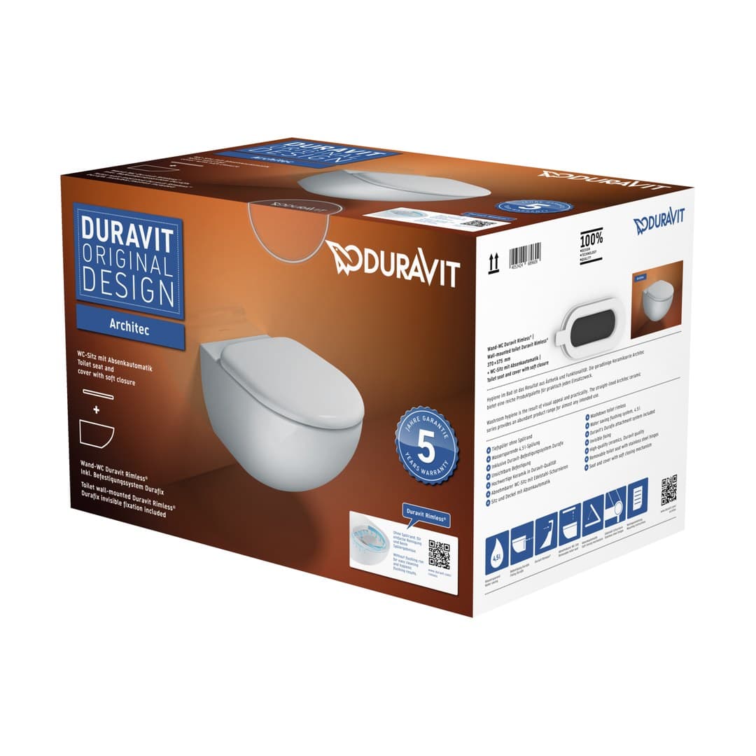 Duravit Architec – Λεκάνη Κρεμαστή – 400×600 mm, Rimless, σετ με κάθισμα – White High Gloss (45720900A1)