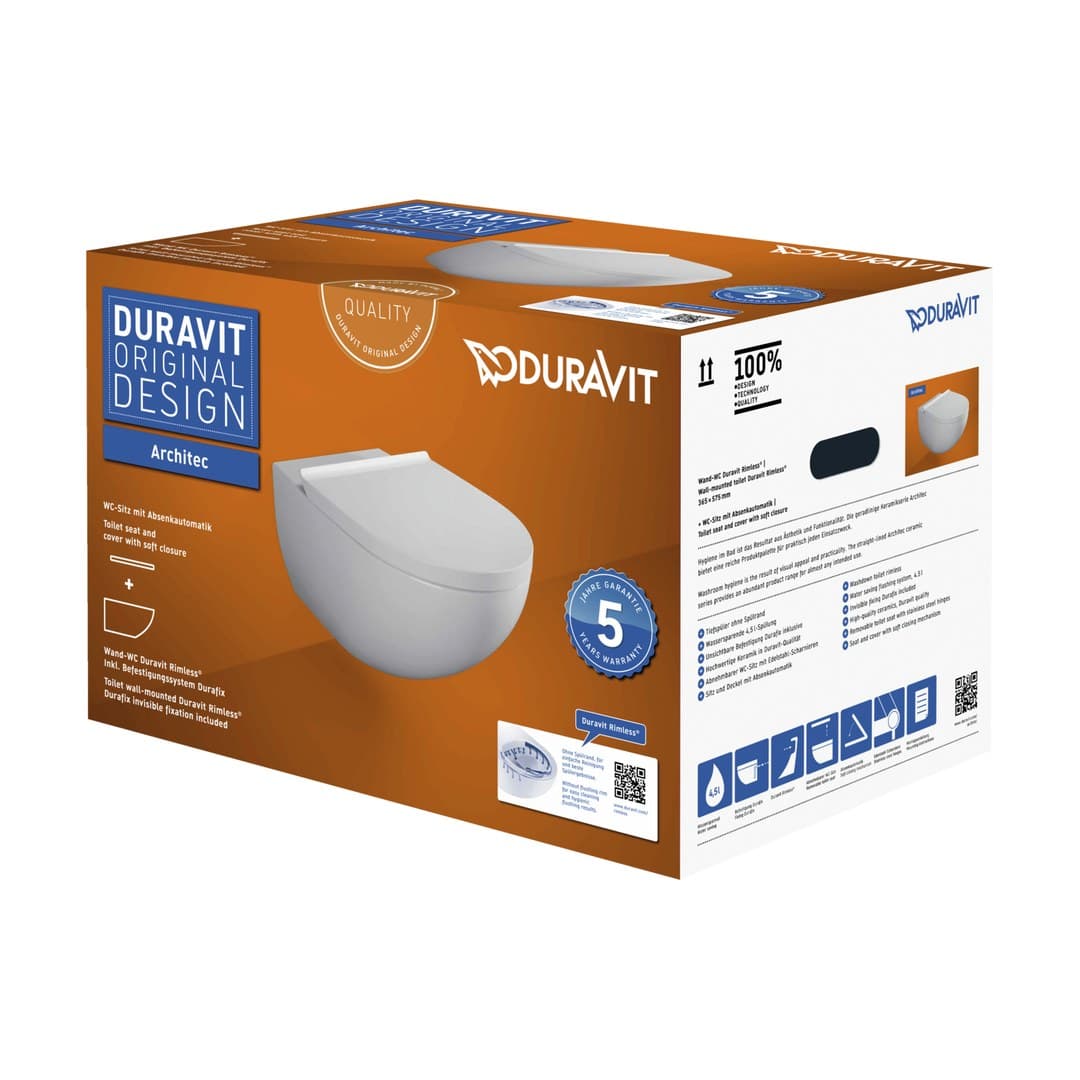 Duravit Architec – Λεκάνη Κρεμαστή – 372×575 mm, Rimless, σετ με κάθισμα – White Satin Matt, DuraShield (457269ACA1)