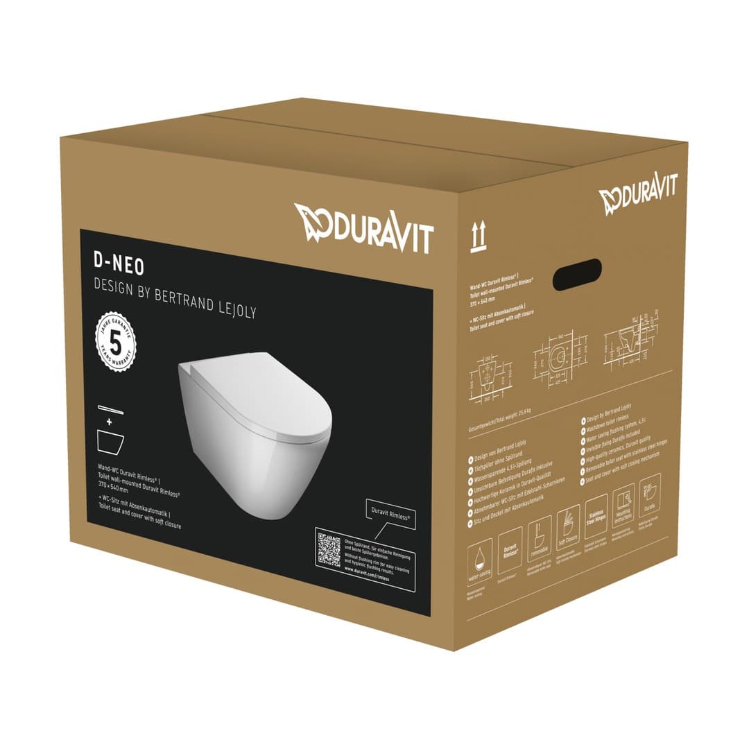 Duravit D-Neo – Λεκάνη Κρεμαστή – 370×540 mm, Rimless, σετ με κάθισμα, στήριξη Durafix – White High Gloss (45770900A1)