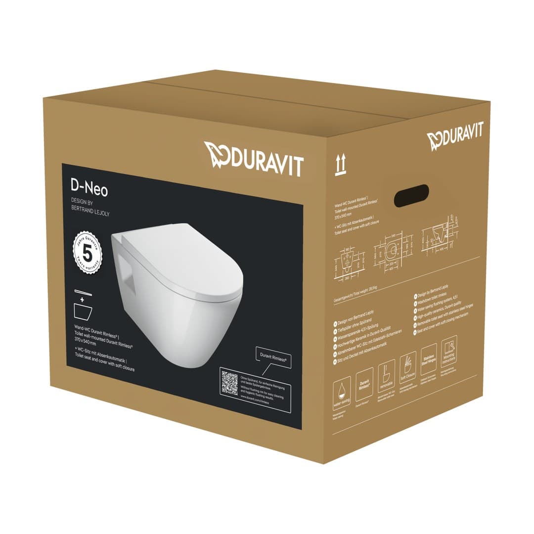 Duravit D-Neo – Λεκάνη Κρεμαστή – 370×540 mm, Rimless, σετ με κάθισμα, στήριξη — – White High Gloss (45780900A1)