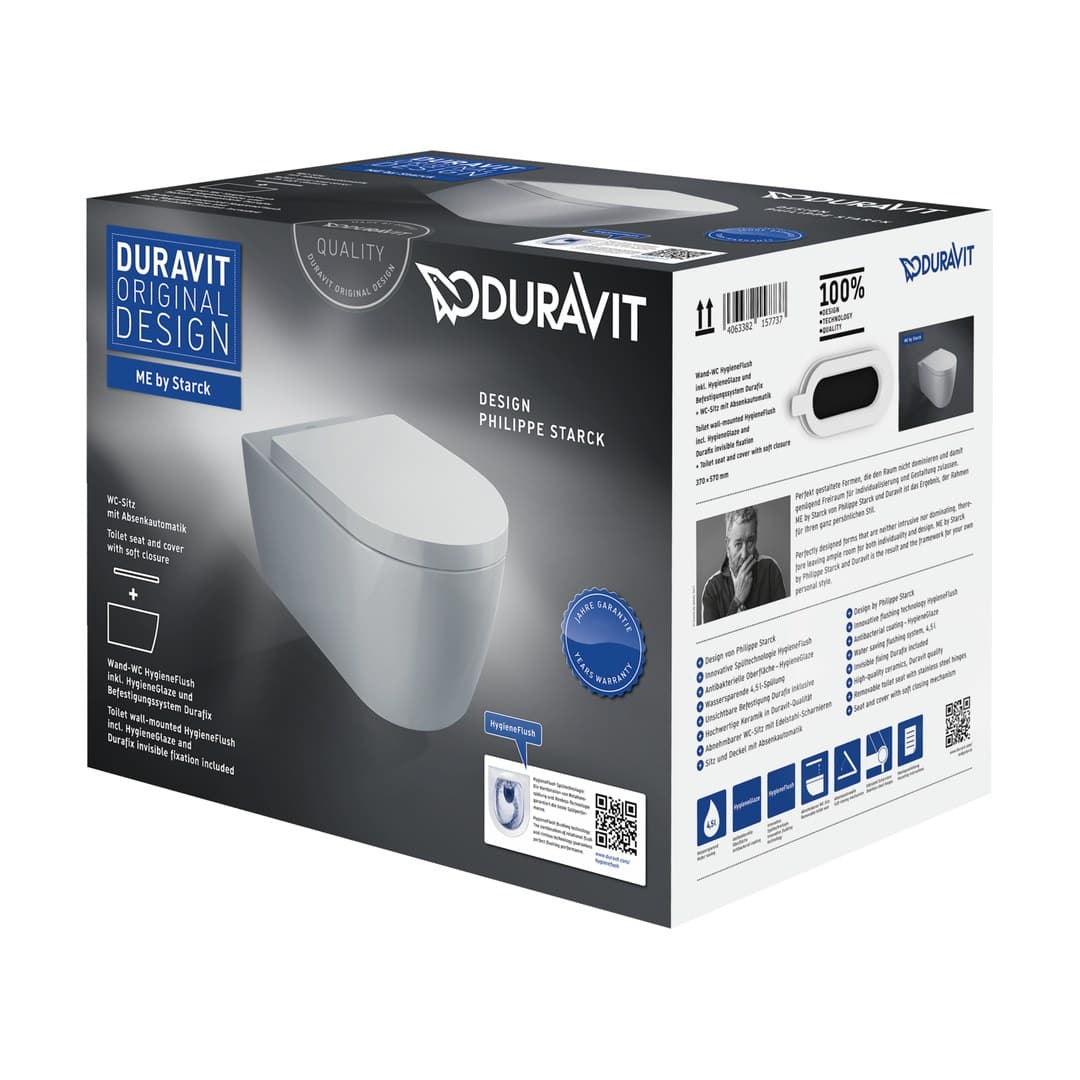 Duravit ME by Starck – Λεκάνη Κρεμαστή – 370×570 mm, HygieneFlush, σετ με κάθισμα – White High Gloss, DuraShield (457909AAA1)