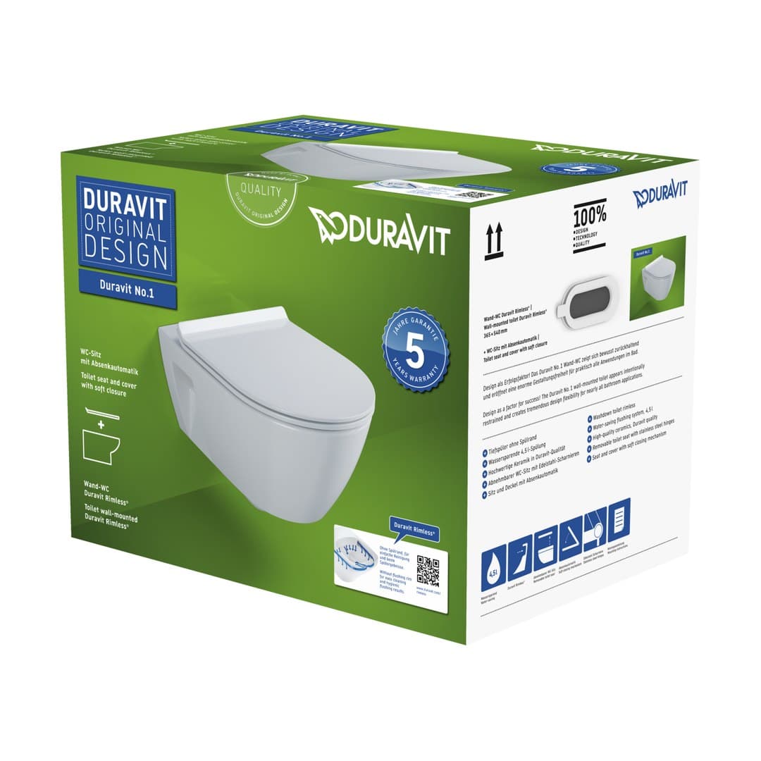 Duravit Duravit No.1 – Λεκάνη Κρεμαστή – 360×540 mm, Rimless, σετ με κάθισμα – White High Gloss (45820900A1)