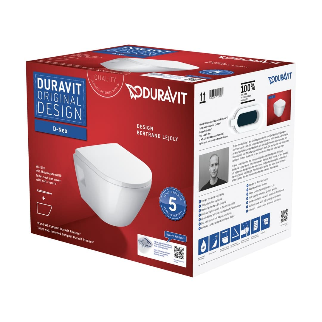 Duravit D-Neo – Λεκάνη Κρεμαστή – 370×480 mm, Rimless, σετ με κάθισμα, στήριξη — – White High Gloss (45870900A1)