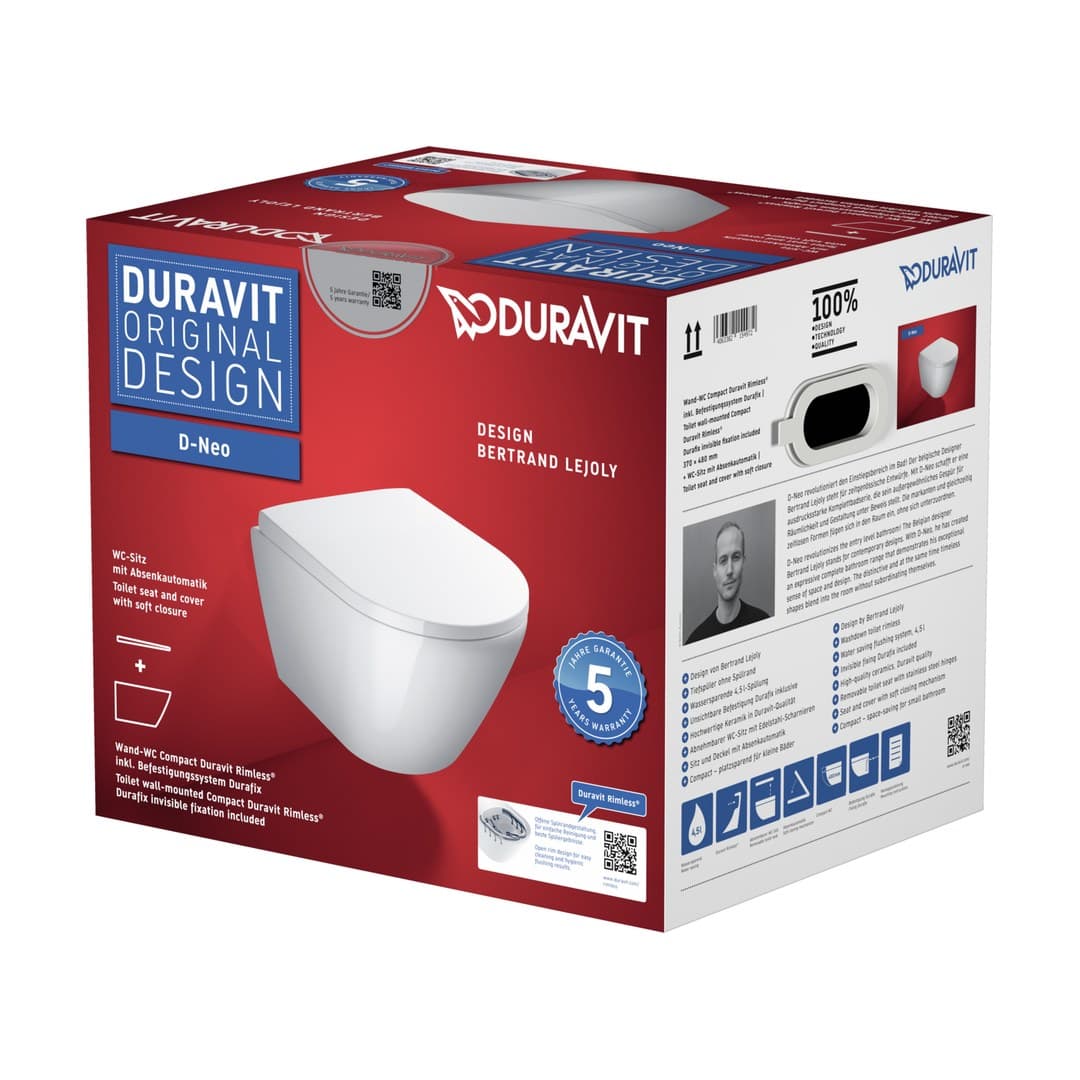Duravit D-Neo – Λεκάνη Κρεμαστή – 370×480 mm, Rimless, σετ με κάθισμα, στήριξη Durafix – White High Gloss (45880900A1)