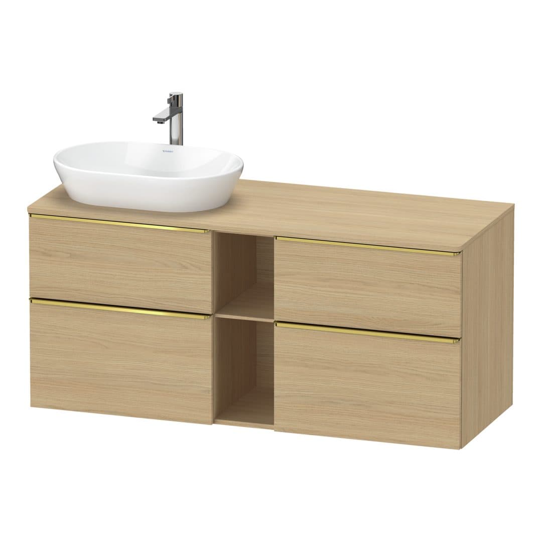 Duravit D-Neo – Έπιπλο Νιπτήρα – 1400 mm, για κονσόλα, 4 συρτάρια, νιπτήρας αριστερά, Gold Polished – Natural oak, Decor (DE4970L34300000)