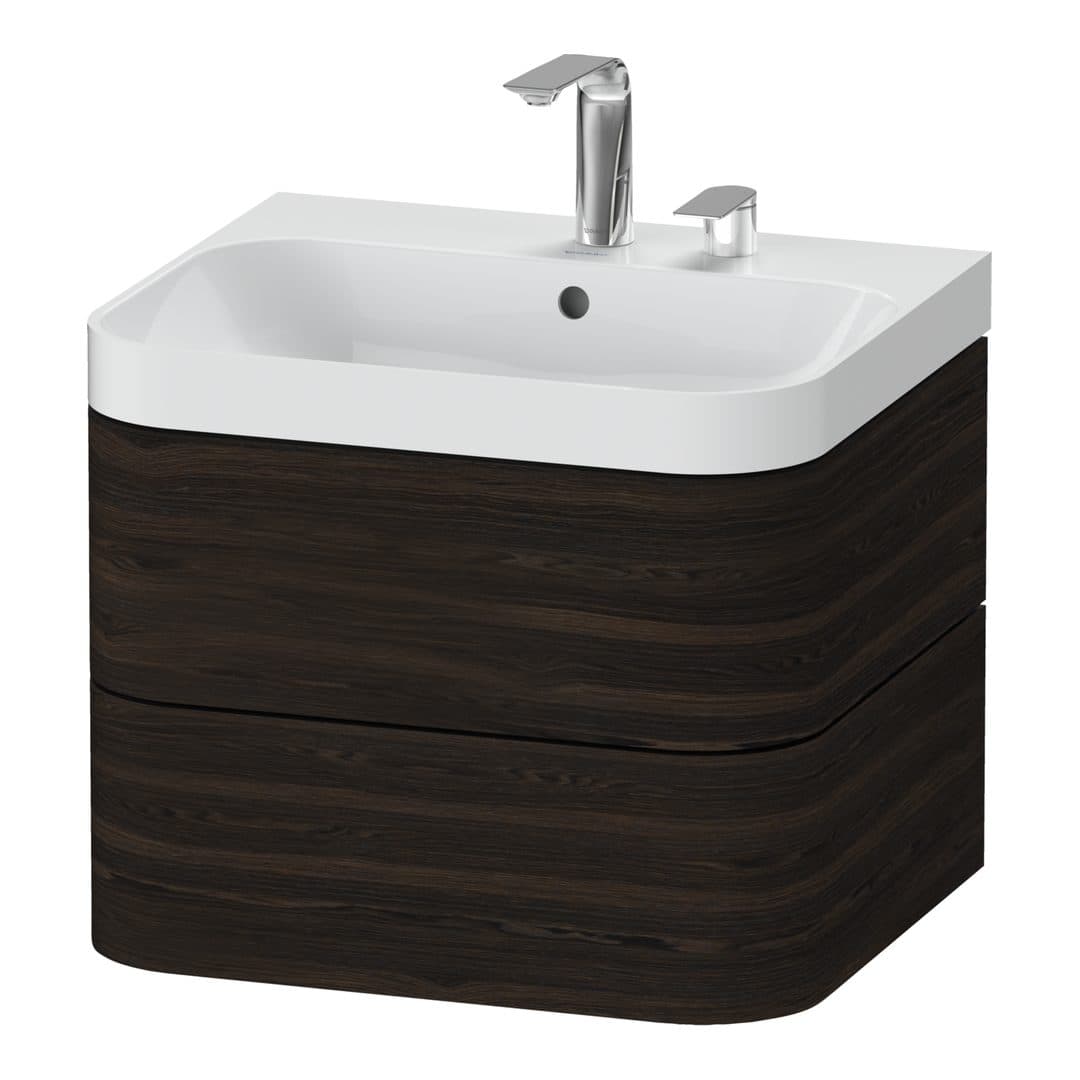 Duravit Happy D.2 – Έπιπλο Νιπτήρα – 575 mm, με νιπτήρα, 2 συρτάρια, νιπτήρας κέντρο, έκδοση E, μοντέλο HP4345 – Brushed walnut Matt, Real wood veneer (HP4345E6969)