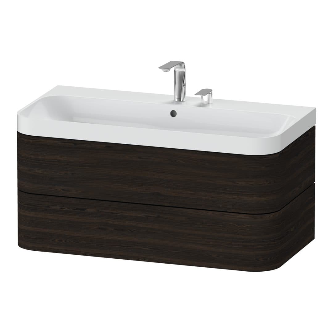 Duravit Happy D.2 – Έπιπλο Νιπτήρα – 975 mm, με νιπτήρα, 2 συρτάρια, νιπτήρας κέντρο, έκδοση E, μοντέλο HP4348 – Brushed walnut Matt, Real wood veneer (HP4348E6969)
