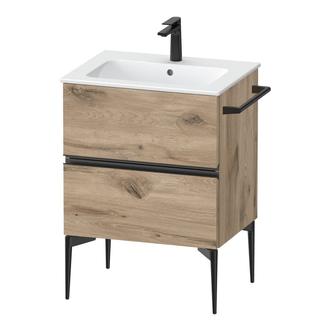 Duravit Sivida – Έπιπλο Νιπτήρα – 610 mm, 2 συρτάρια, νιπτήρας κέντρο, 610 x 477 x 591 mm, Diamond black Matt – Marbled Oak Matt, Decor (SV46430BD550000)