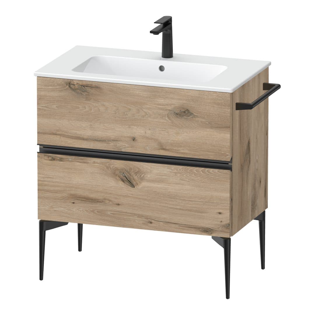 Duravit Sivida – Έπιπλο Νιπτήρα – 810 mm, 2 συρτάρια, νιπτήρας κέντρο, 810 x 477 x 591 mm, Diamond black Matt – Marbled Oak Matt, Decor (SV46440BD550000)