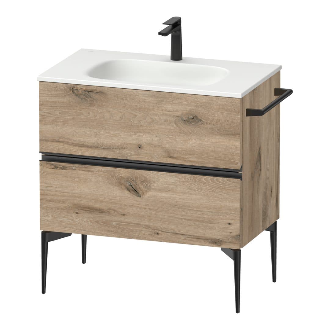 Duravit Sivida – Έπιπλο Νιπτήρα – 810 mm, 2 συρτάρια, νιπτήρας κέντρο, 810 x 477 x 592 mm, Diamond black Matt – Marbled Oak Matt, Decor (SV46510BD550000)