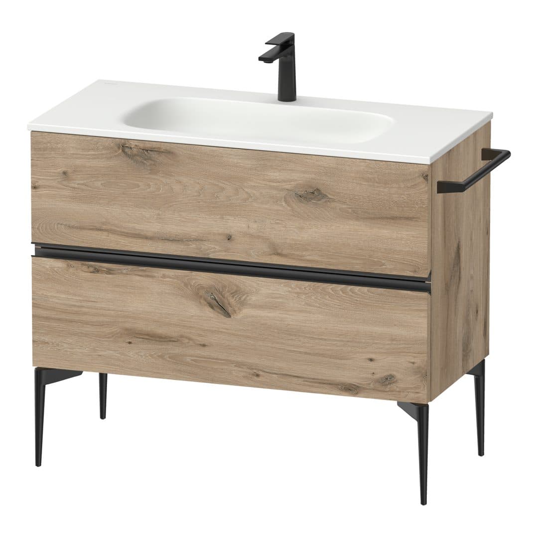 Duravit Sivida – Έπιπλο Νιπτήρα – 1010 mm, 2 συρτάρια, νιπτήρας κέντρο, 1010 x 477 x 592 mm, Diamond black Matt – Marbled Oak Matt, Decor (SV46520BD550000)