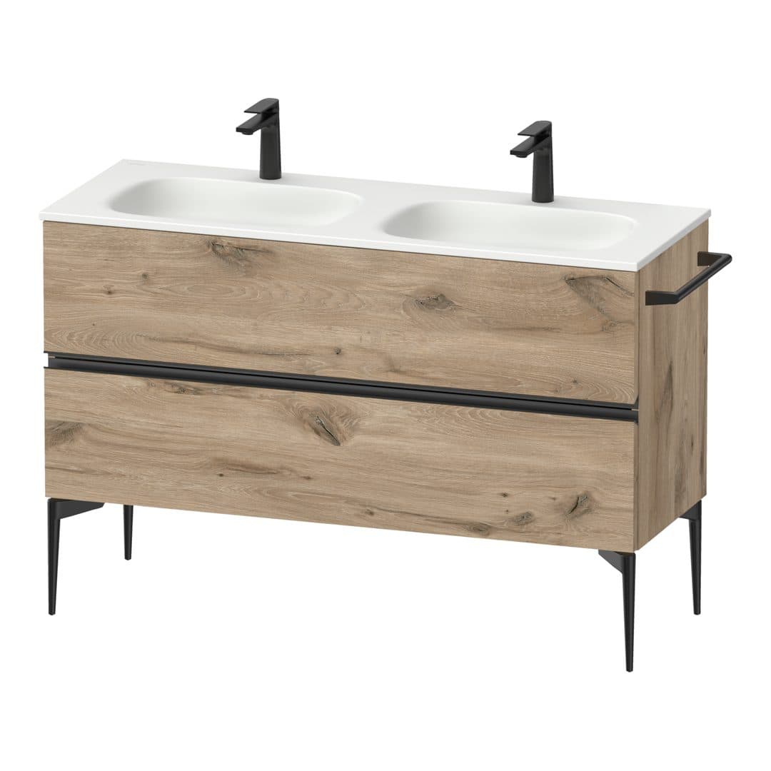 Duravit Sivida – Έπιπλο Νιπτήρα – 1280 mm, 2 συρτάρια, διπλός νιπτήρας, 1280 x 477 x 592 mm, Diamond black Matt – Marbled Oak Matt, Decor (SV46540BD550000)