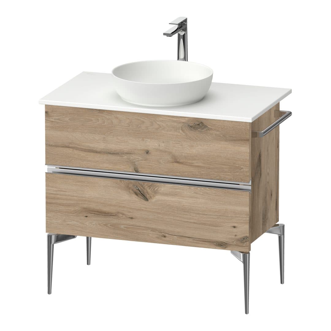 Duravit Sivida – Έπιπλο Νιπτήρα – 845 mm, για κονσόλα, 2 συρτάρια, νιπτήρας κέντρο, Chrome Glossy – Marbled Oak Matt, Decor (SV4658010550000)