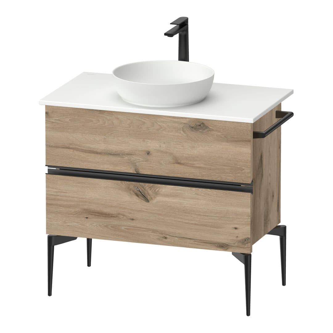Duravit Sivida – Έπιπλο Νιπτήρα – 845 mm, για κονσόλα, 2 συρτάρια, νιπτήρας κέντρο, Diamond black Matt – Marbled Oak Matt, Decor (SV46580BD550000)