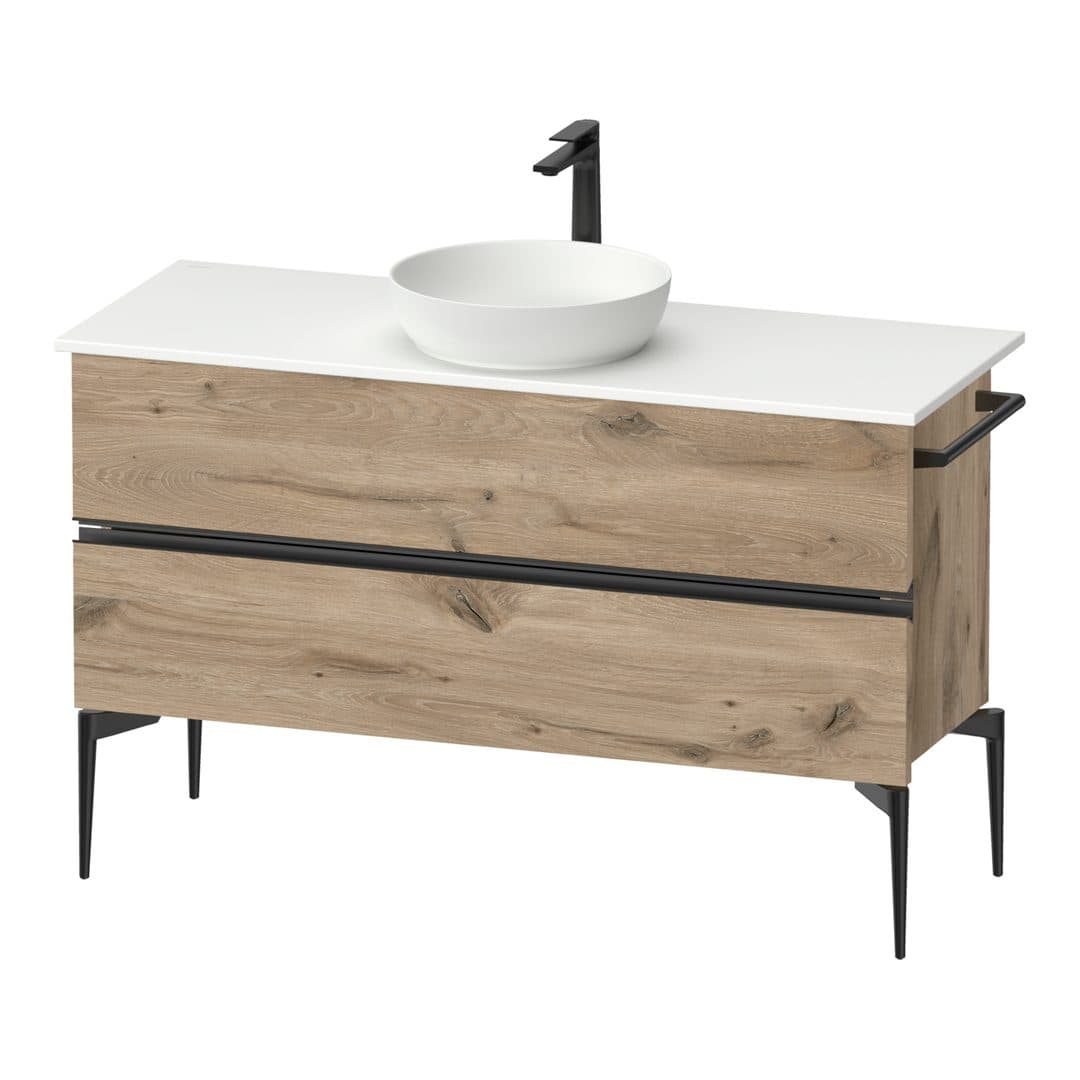 Duravit Sivida – Έπιπλο Νιπτήρα – 1245 mm, για κονσόλα, 2 συρτάρια, νιπτήρας κέντρο, Diamond black Matt – Marbled Oak Matt, Decor (SV46600BD550000)