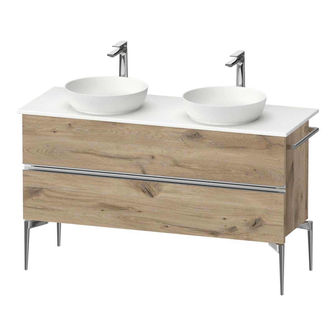 Duravit Sivida – Έπιπλο Νιπτήρα – 1315 mm, για κονσόλα, 2 συρτάρια, διπλός νιπτήρας, Chrome Glossy – Marbled Oak Matt, Decor (SV4661010550000)