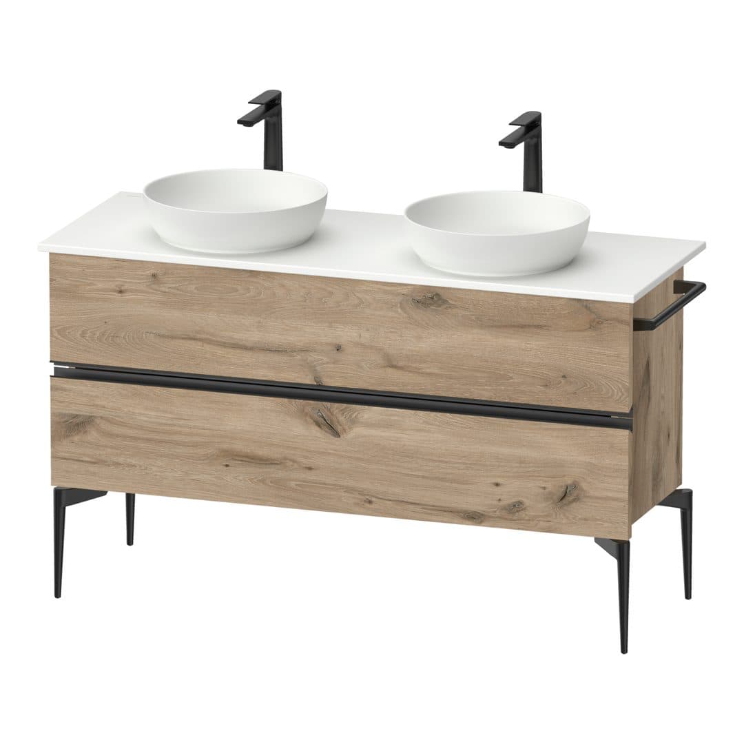 Duravit Sivida – Έπιπλο Νιπτήρα – 1315 mm, για κονσόλα, 2 συρτάρια, διπλός νιπτήρας, Diamond black Matt – Marbled Oak Matt, Decor (SV46610BD550000)