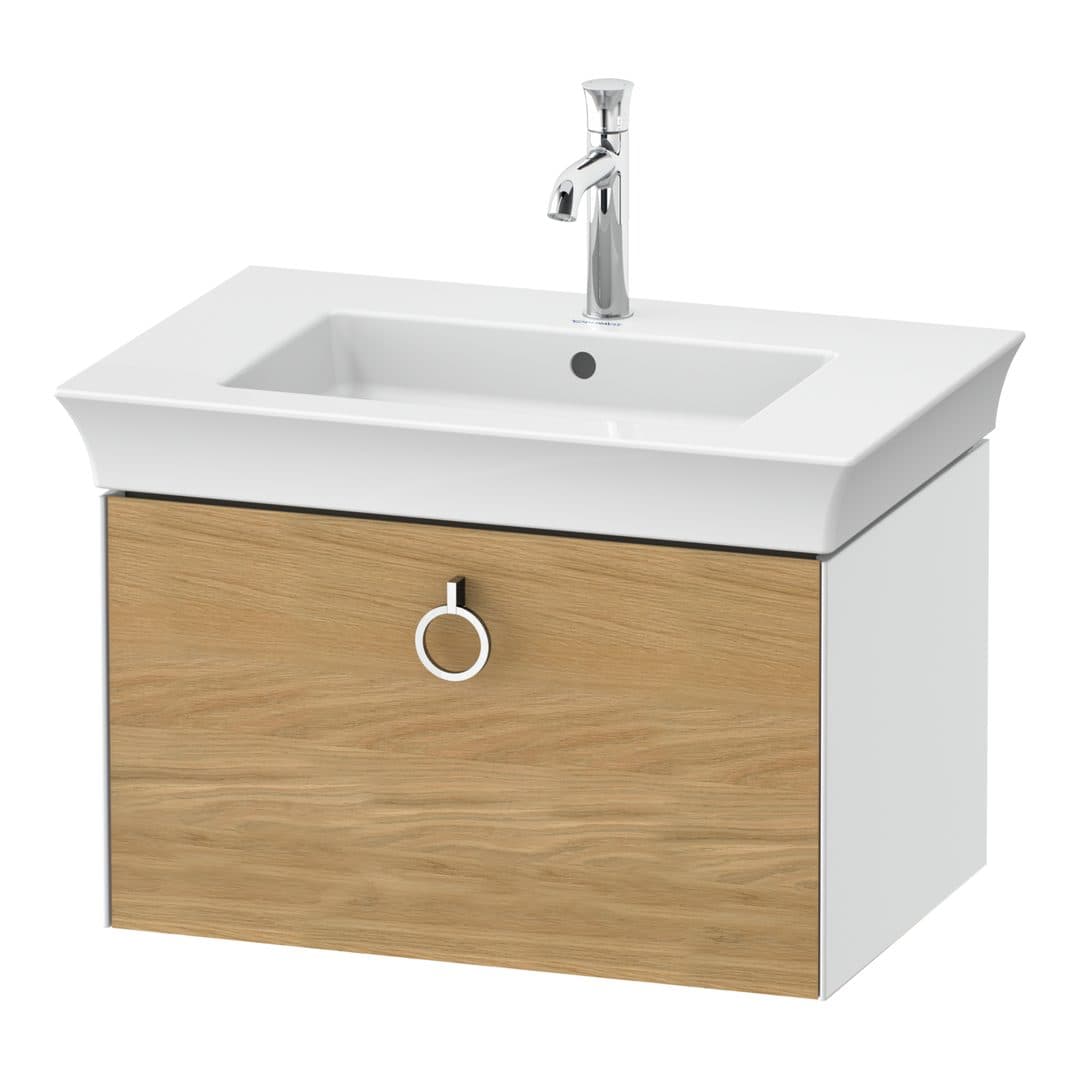 Duravit White Tulip – Έπιπλο Νιπτήρα – 684 mm, 1 συρτάρι, νιπτήρας κέντρο, σώμα White High Gloss, Chrome High Gloss – Natural Oak solid Matt, Solid wood (WT42510H585)