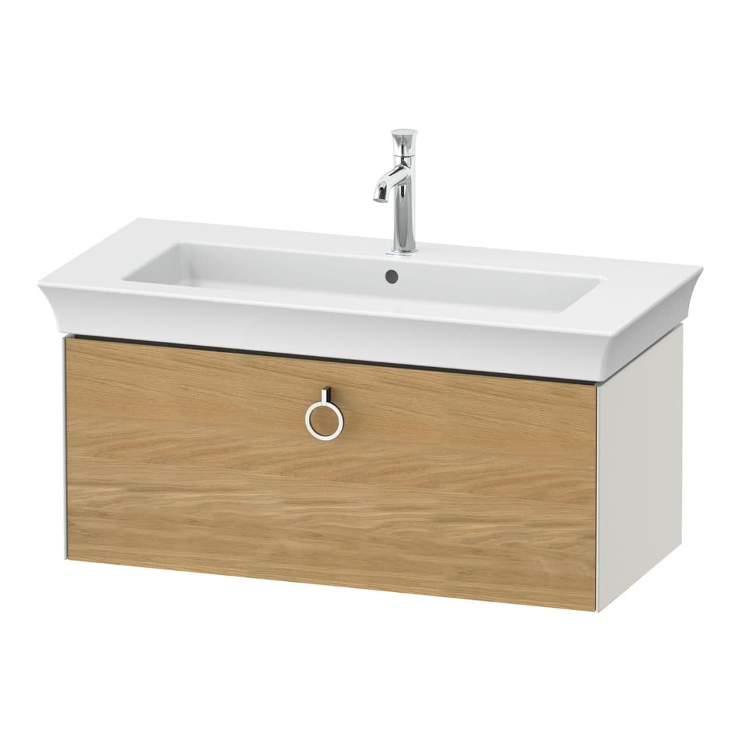 Duravit White Tulip – Έπιπλο Νιπτήρα – 984 mm, 1 συρτάρι, νιπτήρας κέντρο, σώμα Nordic white Satin Matt, Chrome High Gloss – Natural Oak solid Matt, Solid wood (WT42520H539)