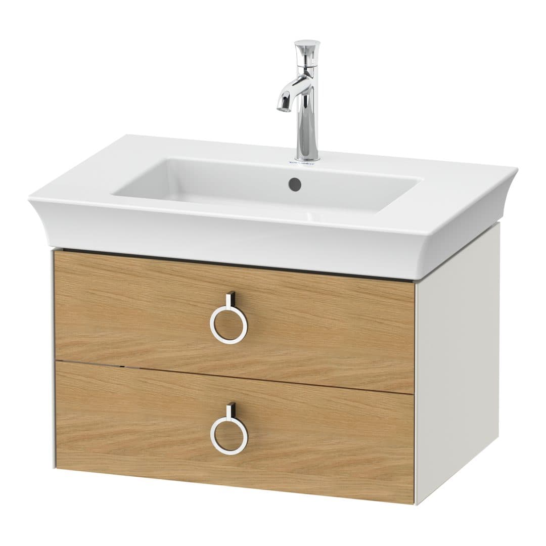 Duravit White Tulip – Έπιπλο Νιπτήρα – 684 mm, 2 συρτάρια, νιπτήρας κέντρο, σώμα Nordic white Satin Matt, Chrome High Gloss – Natural Oak solid Matt, Solid wood (WT43510H539)