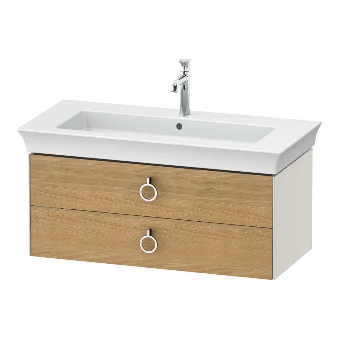 Duravit White Tulip – Έπιπλο Νιπτήρα – 984 mm, 2 συρτάρια, νιπτήρας κέντρο, σώμα Nordic white Satin Matt, Chrome High Gloss – Natural Oak solid Matt, Solid wood (WT43520H539)