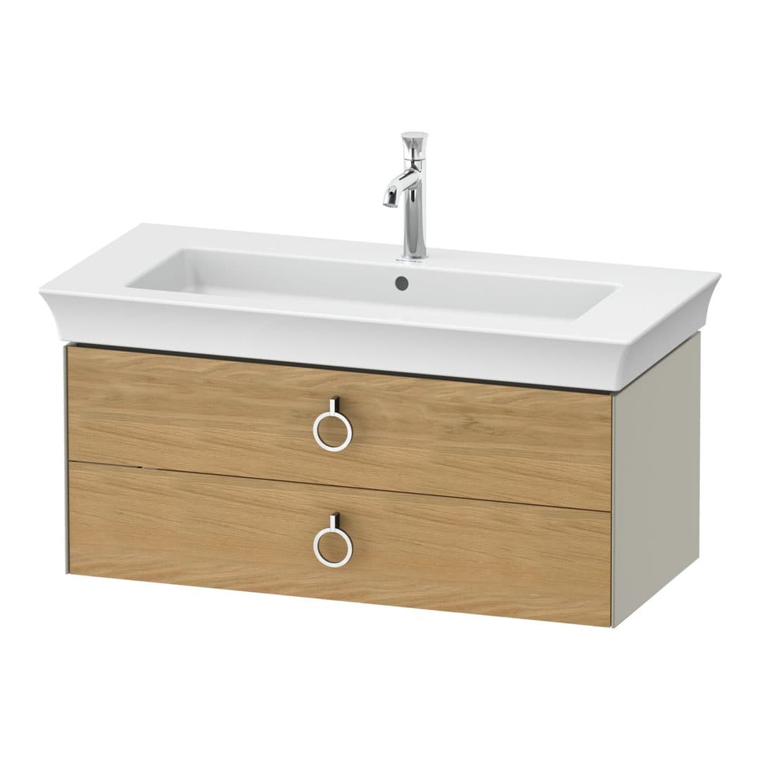 Duravit White Tulip – Έπιπλο Νιπτήρα – 984 mm, 2 συρτάρια, νιπτήρας κέντρο, σώμα Taupe Satin Matt, Chrome High Gloss – Natural Oak solid Matt, Solid wood (WT43520H560)