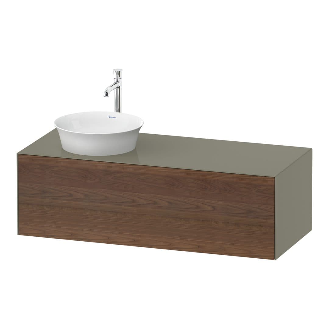 Duravit White Tulip – Έπιπλο Νιπτήρα – 1300 mm, για κονσόλα, 1 συρτάρι, νιπτήρας αριστερά, σώμα Stone grey High Gloss – American walnut Matt, Solid wood (WT4977L77H2)