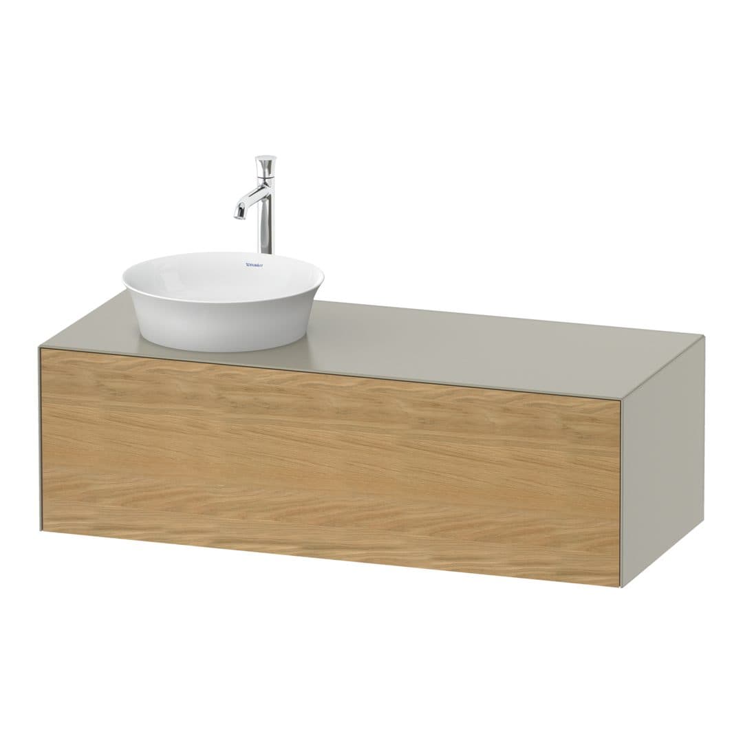 Duravit White Tulip – Έπιπλο Νιπτήρα – 1300 mm, για κονσόλα, 1 συρτάρι, νιπτήρας αριστερά, σώμα Taupe Satin Matt – Natural Oak solid Matt, Solid wood (WT4977LH560)