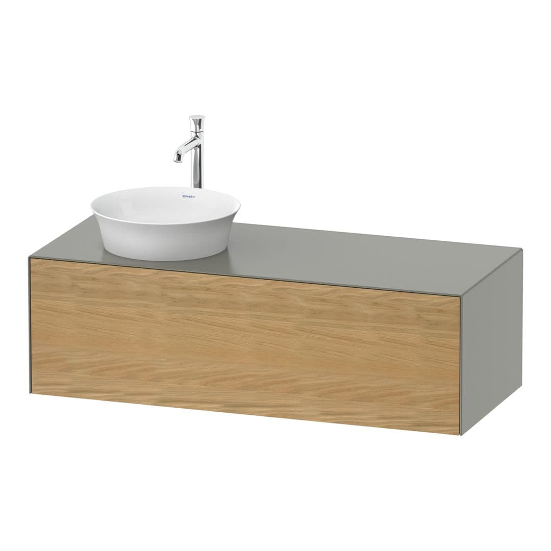 Duravit White Tulip – Έπιπλο Νιπτήρα – 1300 mm, για κονσόλα, 1 συρτάρι, νιπτήρας αριστερά, σώμα Stone grey Satin Matt – Natural Oak solid Matt, Solid wood (WT4977LH592)