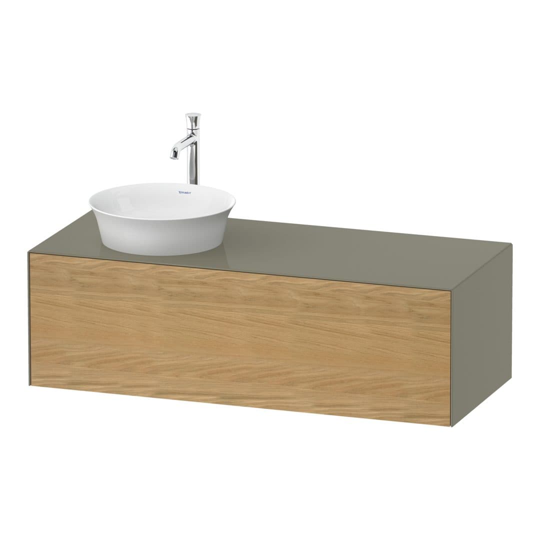 Duravit White Tulip – Έπιπλο Νιπτήρα – 1300 mm, για κονσόλα, 1 συρτάρι, νιπτήρας αριστερά, σώμα Stone grey High Gloss – Natural Oak solid Matt, Solid wood (WT4977LH5H2)
