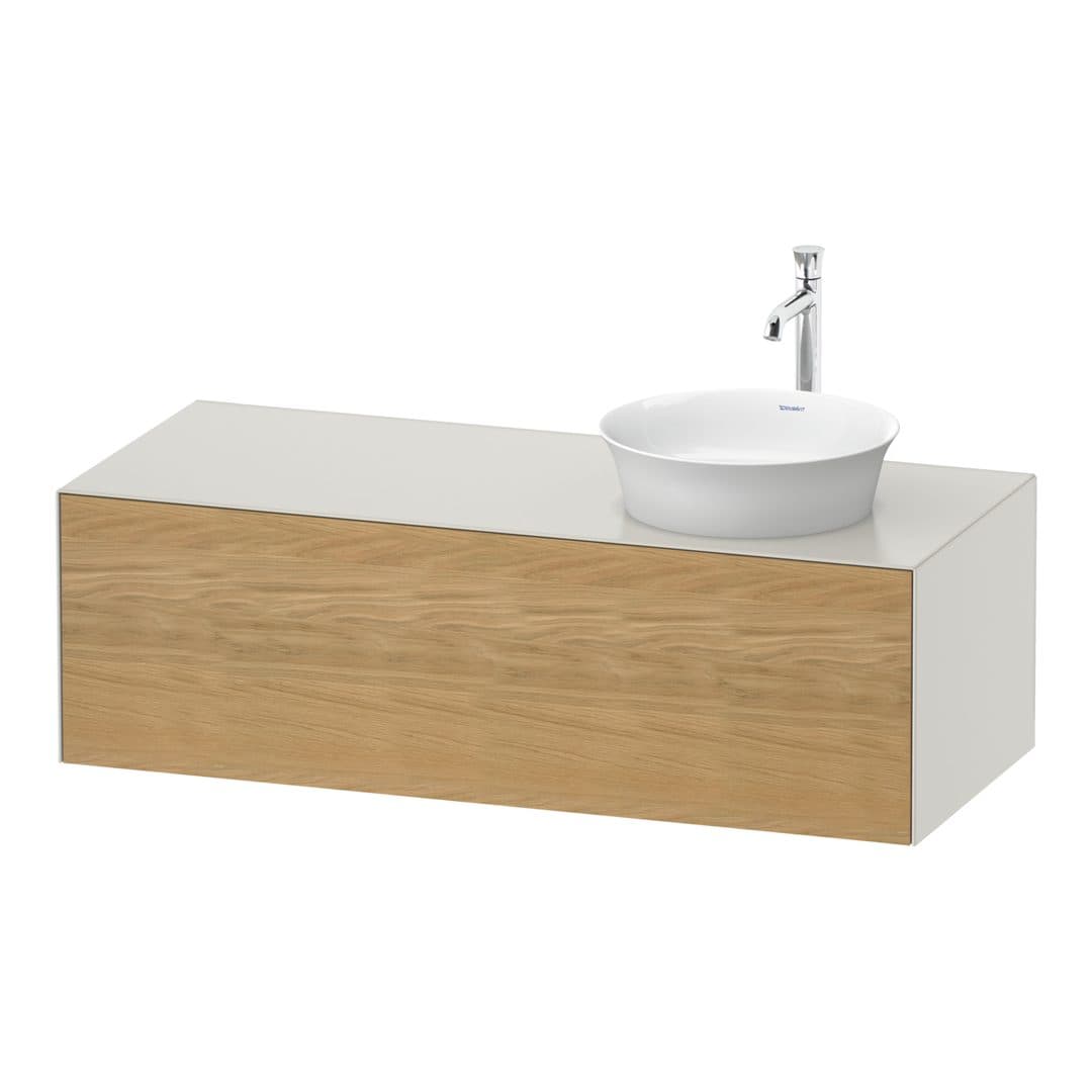Duravit White Tulip – Έπιπλο Νιπτήρα – 1300 mm, για κονσόλα, 1 συρτάρι, νιπτήρας δεξιά, σώμα Nordic white Satin Matt – Natural Oak solid Matt, Solid wood (WT4977RH539)