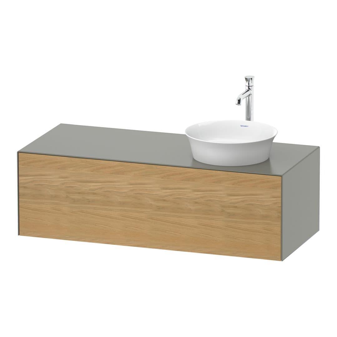 Duravit White Tulip – Έπιπλο Νιπτήρα – 1300 mm, για κονσόλα, 1 συρτάρι, νιπτήρας δεξιά, σώμα Stone grey Satin Matt – Natural Oak solid Matt, Solid wood (WT4977RH592)