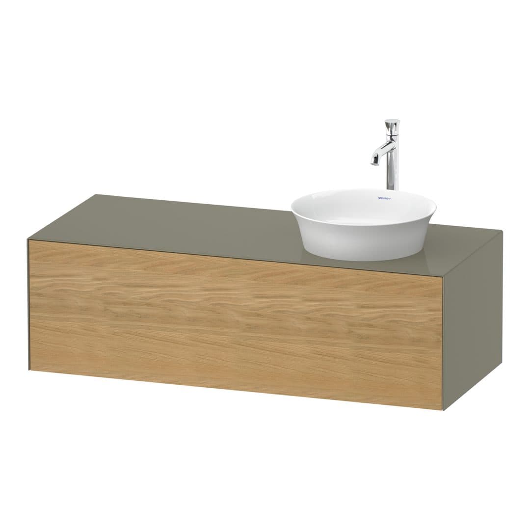 Duravit White Tulip – Έπιπλο Νιπτήρα – 1300 mm, για κονσόλα, 1 συρτάρι, νιπτήρας δεξιά, σώμα Stone grey High Gloss – Natural Oak solid Matt, Solid wood (WT4977RH5H2)