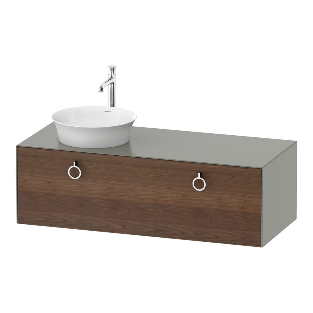 Duravit White Tulip – Έπιπλο Νιπτήρα – 1300 mm, για κονσόλα, 1 συρτάρι, νιπτήρας αριστερά, σώμα Stone grey Satin Matt, Chrome High Gloss – American walnut Matt, Solid wood (WT4982L7792)