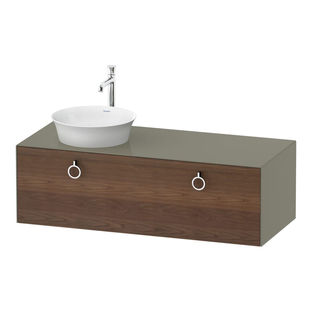 Duravit White Tulip – Έπιπλο Νιπτήρα – 1300 mm, για κονσόλα, 1 συρτάρι, νιπτήρας αριστερά, σώμα Stone grey High Gloss, Chrome High Gloss – American walnut Matt, Solid wood (WT4982L77H2)